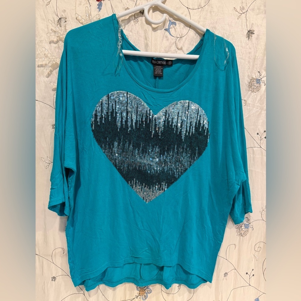 Miss Chievous Teal Sequin Heart Long Sleeve Top